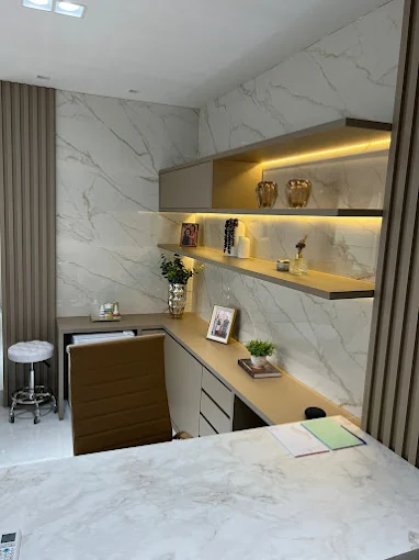 Sala de atendimento do consultório com bancada de mármore, cadeira caramelo e armário com nichos iluminados